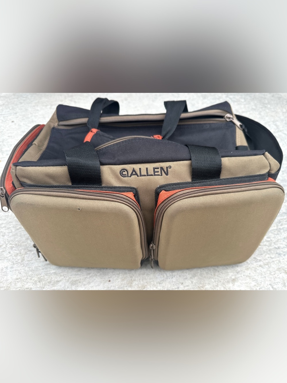 Allen Men's Tan and Black Duffel Bag with Orange Accents